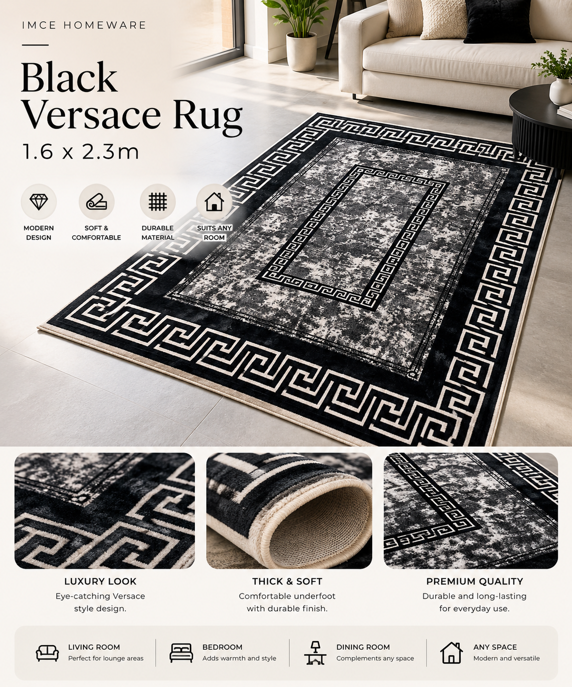 Black Versace rug 1.6x2.3m