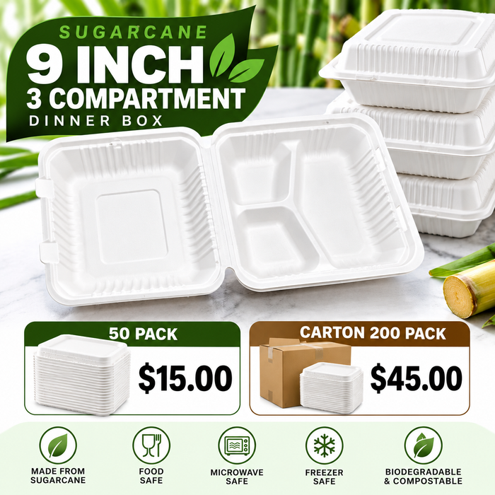sugarcane 9inch 3 compartment dinnerbox